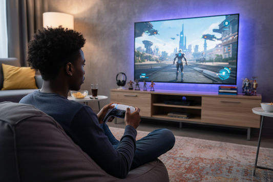 jeune africain jouant a la playstation 5 devant leur ecran