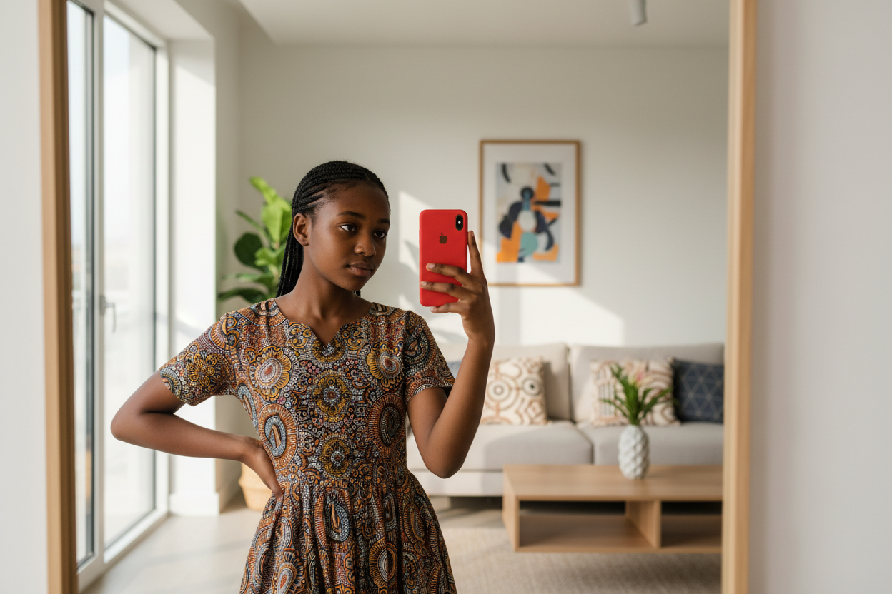 iphone xr utiliser par une jeune fille gabonaise devant son miroir